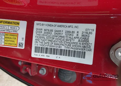 2019 Honda Accord Sport из США, поврежденный, VIN 1HGCV1F3XKA131361